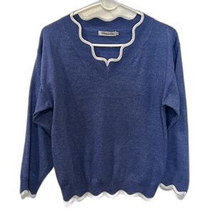 MISSLOOK Womens M Blue Wool Knit Pullover Sweater White Scallop Trim